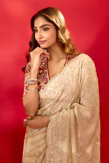 Shop_Azeera_Gold Tissue Inayat Embroidered Saree Unstitched Blouse Piece _Online_at_Aza_Fashions