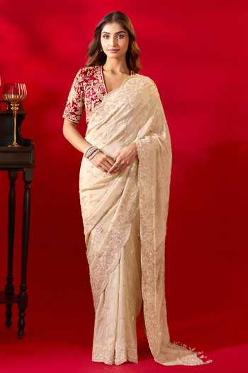 Buy_Azeera_Gold Tissue Inayat Embroidered Saree Unstitched Blouse Piece _at_Aza_Fashions