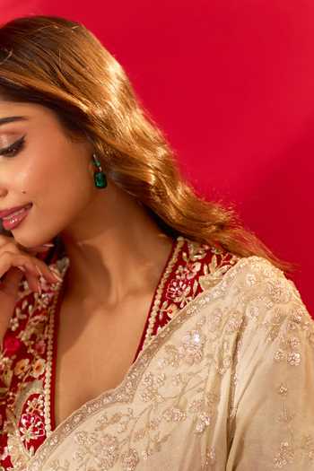 Shop_Azeera_Gold Tissue Inayat Embroidered Saree Unstitched Blouse Piece _at_Aza_Fashions