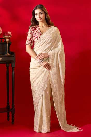 Azeera_Gold Tissue Inayat Embroidered Saree Unstitched Blouse Piece _at_Aza_Fashions