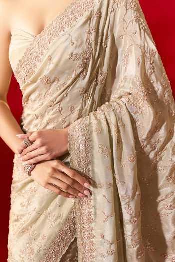 Azeera_Green Tissue Ava Embroidered Saree With Unstitched Blouse Piece _at_Aza_Fashions