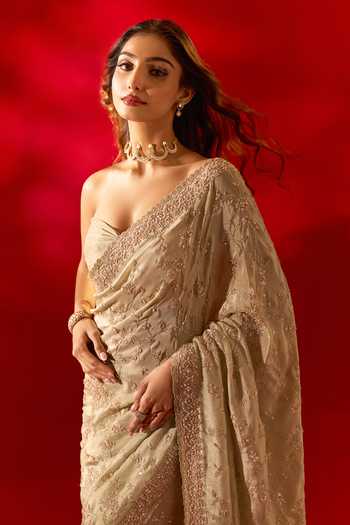 Azeera_Green Tissue Ava Embroidered Saree With Unstitched Blouse Piece _Online