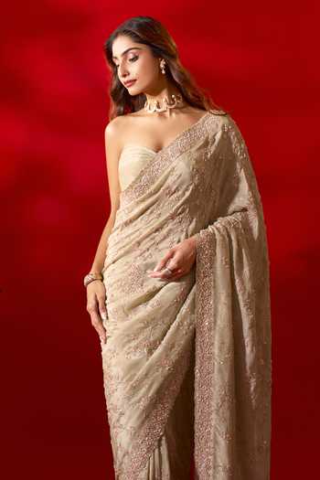 Azeera_Green Tissue Ava Embroidered Saree With Unstitched Blouse Piece 