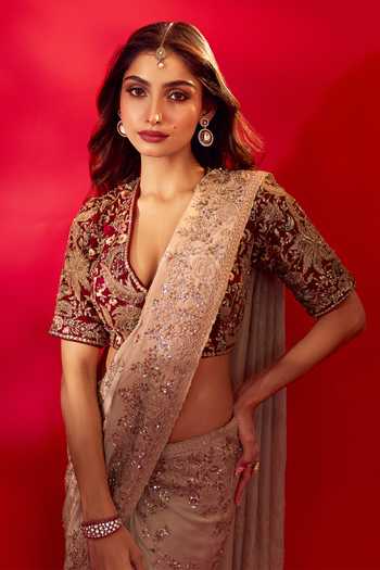 Shop_Azeera_Green Tissue Coral Embroidered Saree With Unstitched Blouse Piece _Online