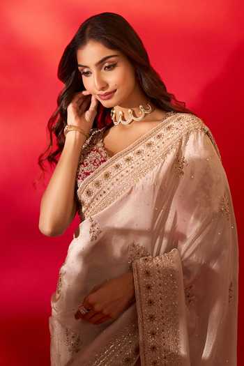 Azeera_Ivory Tissue Navneet Embroidered Saree With Unstitched Blouse Piece 