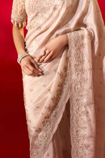 Azeera_Ivory Tissue Sufiyana Embroidered Saree With Unstitched Blouse Piece _Online
