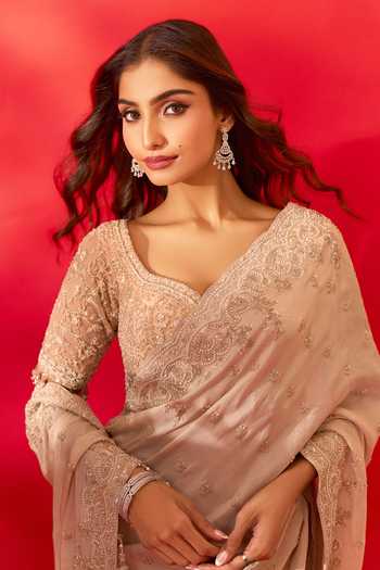 Buy_Azeera_Ivory Tissue Sufiyana Embroidered Saree With Unstitched Blouse Piece _Online