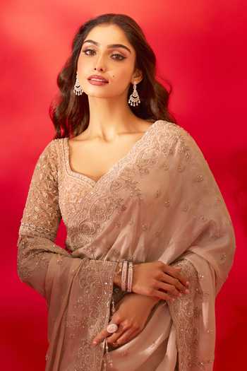 Shop_Azeera_Ivory Tissue Sufiyana Embroidered Saree With Unstitched Blouse Piece _Online