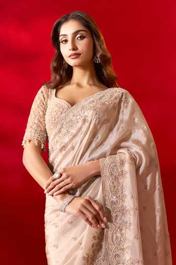 Azeera_Ivory Tissue Sufiyana Embroidered Saree With Unstitched Blouse Piece 