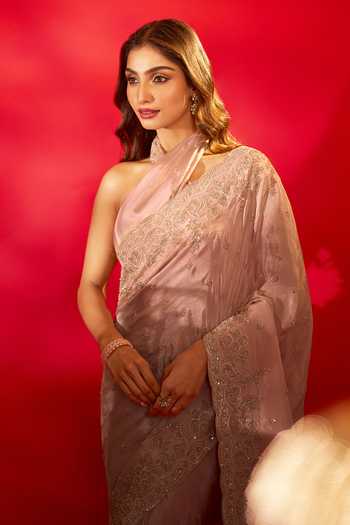 Buy_Azeera_Pink Tissue Embroidered Saree With Unstitched Blouse Piece _Online