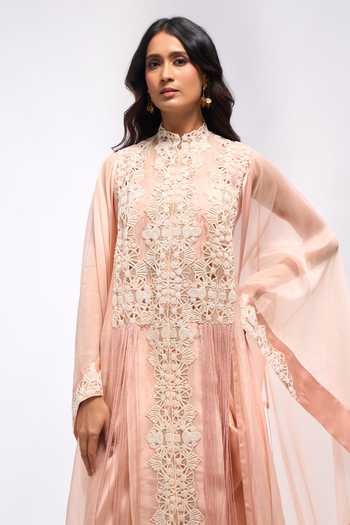 Buy_Anamika Khanna_Pink Scoop Neck Embroidered Cape Kurta And Draped Skirt Set _Online_at_Aza_Fashions