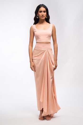 Shop_Anamika Khanna_Pink Scoop Neck Embroidered Cape Kurta And Draped Skirt Set _Online_at_Aza_Fashions