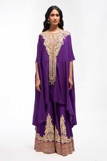 Anamika Khanna_Purple Round Neck Embroidered Cape Kurta And Sharara Set _at_Aza_Fashions