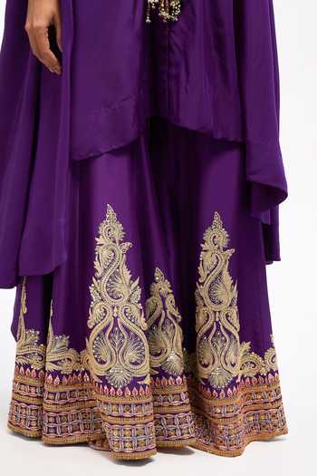 Buy_Anamika Khanna_Purple Round Neck Embroidered Cape Kurta And Sharara Set 