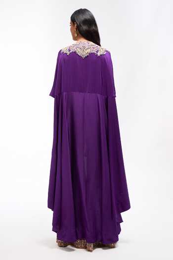 Anamika Khanna_Purple Round Neck Embroidered Cape Kurta And Sharara Set _Online_at_Aza_Fashions