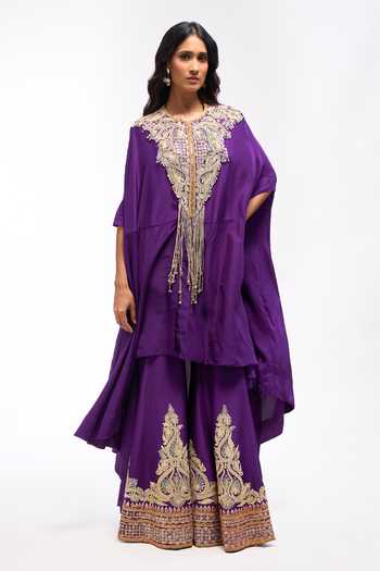 Shop_Anamika Khanna_Purple Round Neck Embroidered Cape Kurta And Sharara Set 