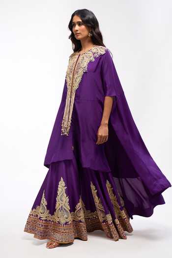 Anamika Khanna_Purple Round Neck Embroidered Cape Kurta And Sharara Set _Online