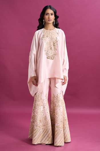 Buy_Anamika Khanna_Pink Round Neck Floral Embroidered Top And Sharara Set 