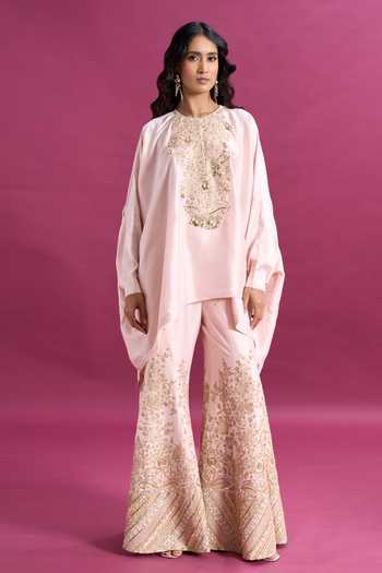 Shop_Anamika Khanna_Pink Round Neck Floral Embroidered Top And Sharara Set 