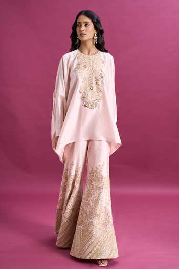 Anamika Khanna_Pink Round Neck Floral Embroidered Top And Sharara Set _Online