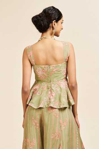 Shop_Issa Studio By Chetana & Swathi_Green Organza Sweetheart Neck Nayira Printed Peplum Top And Sharara Set _at_Aza_Fashions
