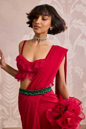 Buy_Ridhi Mehra_Red Georgette, Organza Sweetheart Neck Saree With Ruffle Blouse _Online_at_Aza_Fashions