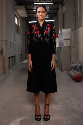 Buy_Shahin Mannan_Black Crepe V-neck Narcissus Garden Wrap Dress _at_Aza_Fashions