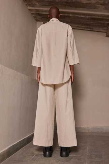 Shop_Shahin Mannan_Beige Cotton, Linen Collared Neck Narcissus Garden Shirt And Pant _at_Aza_Fashions
