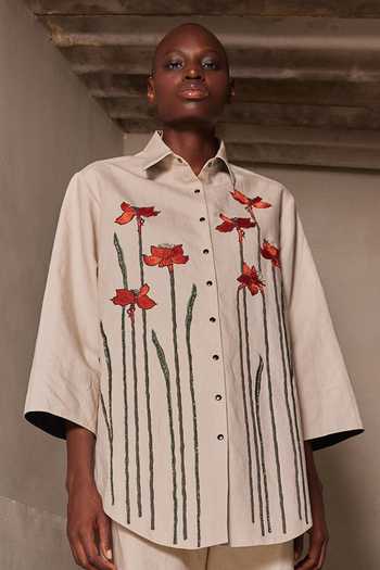 Buy_Shahin Mannan_Beige Cotton, Linen Collared Neck Narcissus Garden Shirt And Pant _Online_at_Aza_Fashions