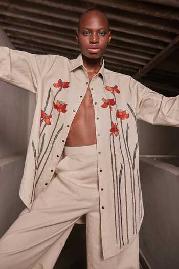 Buy_Shahin Mannan_Beige Cotton, Linen Collared Neck Narcissus Garden Baggy Shirt _Online_at_Aza_Fashions