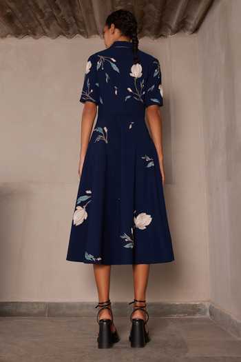 Shop_Shahin Mannan_Navy Crepe Collared Neck Magnolia Blossom Coat Dress _at_Aza_Fashions