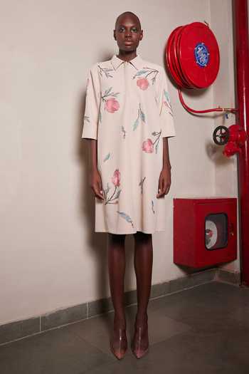 Buy_Shahin Mannan_Beige Crepe Collared Neck Magnolia Blossom Dress _at_Aza_Fashions