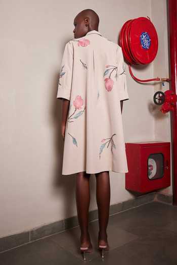 Shop_Shahin Mannan_Beige Crepe Collared Neck Magnolia Blossom Dress _at_Aza_Fashions
