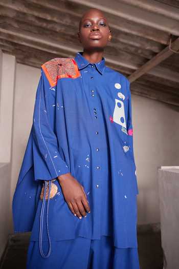 Shop_Shahin Mannan_Blue Poplin Collared Neck Heart Telephone And Text Shirt With Pant _Online_at_Aza_Fashions