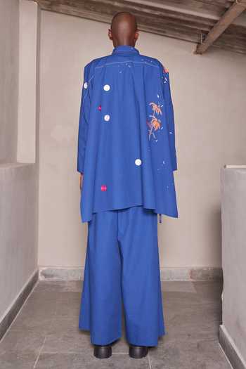 Shop_Shahin Mannan_Blue Poplin Collared Neck Heart Telephone And Text Shirt _at_Aza_Fashions
