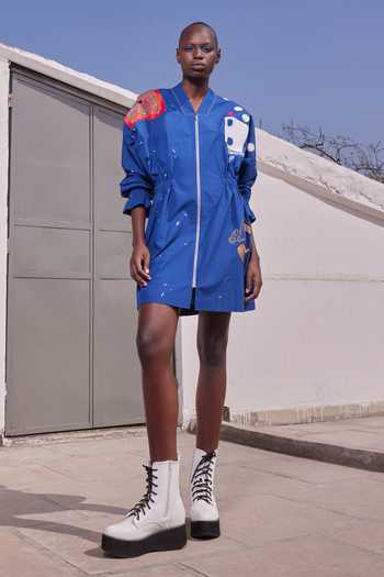 Shahin Mannan_Blue Poplin V-neck Heart Telephone And Text Jacket Dress _Online_at_Aza_Fashions