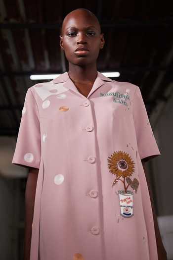 Buy_Shahin Mannan_Peach Crepe V-, Collared Heart Telephone And Text Panelled Dress _Online_at_Aza_Fashions