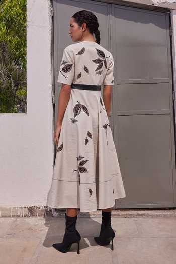 Shop_Shahin Mannan_Beige Cotton, Linen V-neck Drifting Branches Circular Dress _at_Aza_Fashions