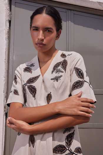 Shahin Mannan_Beige Cotton, Linen V-neck Drifting Branches Circular Dress _Online_at_Aza_Fashions