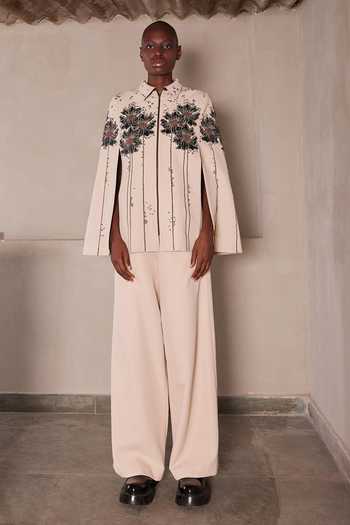 Buy_Shahin Mannan_Beige Crepe Collared Neck Floral Patch Cape With Pant _at_Aza_Fashions