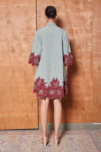 Shop_Shahin Mannan_Green Crepe Shawl Neck Floral Border Collar Dress _at_Aza_Fashions