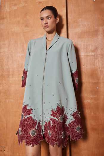 Buy_Shahin Mannan_Green Crepe Shawl Neck Floral Border Collar Dress _at_Aza_Fashions