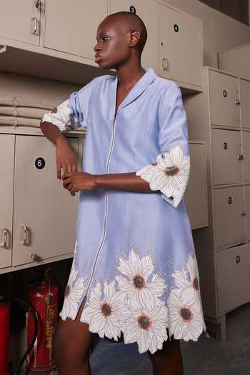 Buy_Shahin Mannan_Blue Chanderi Shawl Neck Floral Border Collar Flared Dress _at_Aza_Fashions