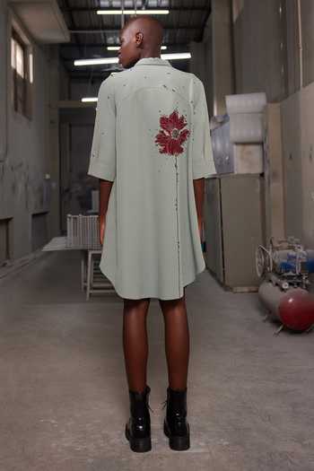 Shop_Shahin Mannan_Green Crepe Collared Neck Floral Bubbles A-line Shirt Dress _at_Aza_Fashions
