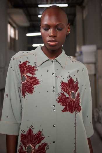 Shahin Mannan_Green Crepe Collared Neck Floral Bubbles A-line Shirt Dress _Online_at_Aza_Fashions