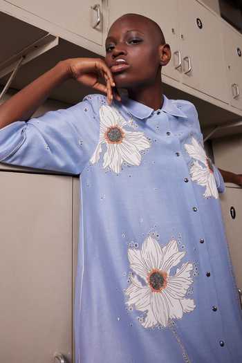 Shahin Mannan_Blue Chanderi Collared Neck Floral Bubbles A-line Shirt Dress _Online_at_Aza_Fashions