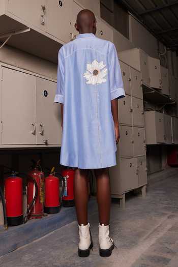 Shop_Shahin Mannan_Blue Chanderi Collared Neck Floral Bubbles A-line Shirt Dress _at_Aza_Fashions