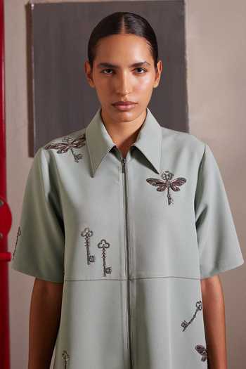 Shahin Mannan_Green Crepe Collared Neck Butterkey Tiered Shift Dress _Online_at_Aza_Fashions