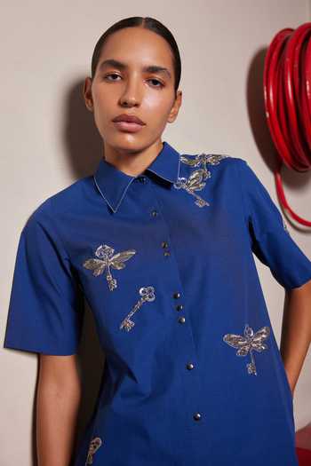Shahin Mannan_Blue Poplin Collared Neck Butterkey Shift Dress _Online_at_Aza_Fashions