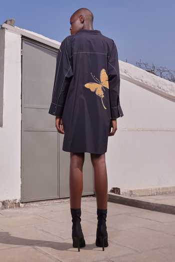 Shop_Shahin Mannan_Black Poplin Collared Neck Fading Butterfly Oversized Shirt Dress _at_Aza_Fashions